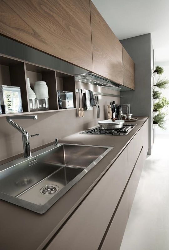 Armário de cozinha de villa/apartamento com material MDF MR super durável e acabamento cinza fosco