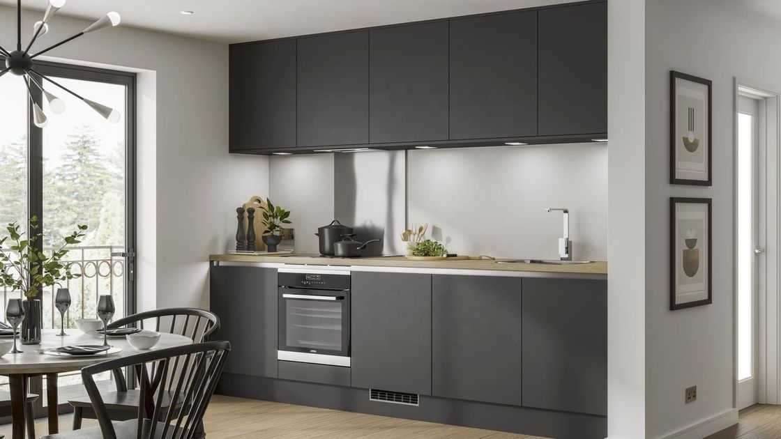Armário de cozinha de villa/apartamento com material MDF MR super durável e acabamento cinza fosco