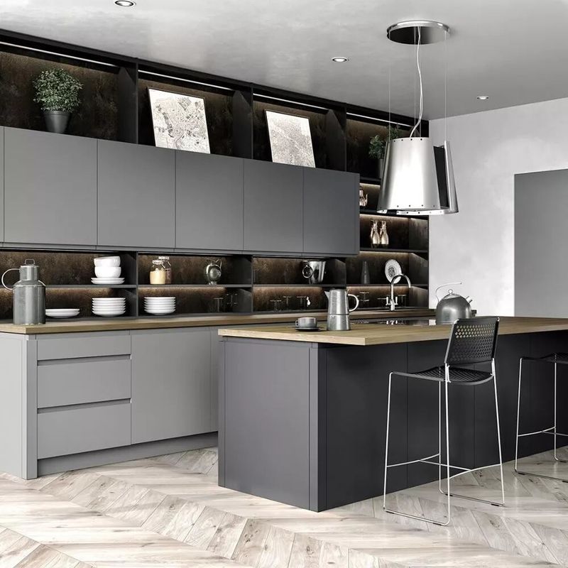 Armário de cozinha de villa/apartamento com material MDF MR super durável e acabamento cinza fosco