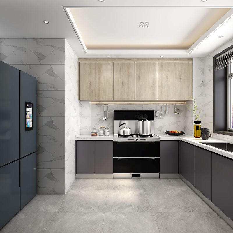 Armário de cozinha de laminado cinza interiores cor de faceta personalizada para renovação de apartamento