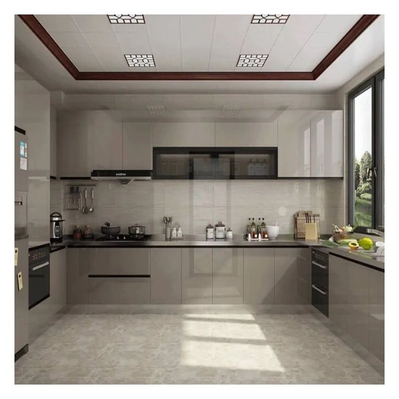 Armários de cozinha modulares personalizados com design sem tinta brilhante e painel de porta do shaker