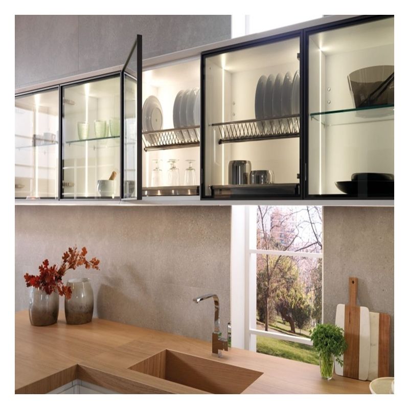 Acessórios de torneiras Painel de vidro escuro Armários de cozinha modulares de madeira maciça para apartamento