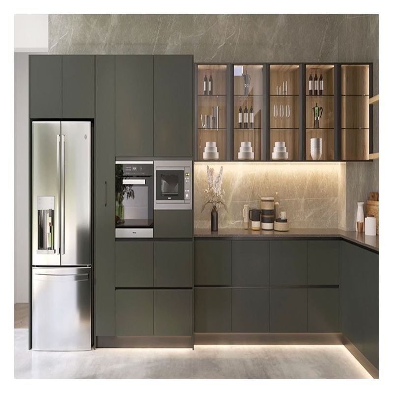 Acessórios de torneiras Painel de vidro escuro Armários de cozinha modulares de madeira maciça para apartamento