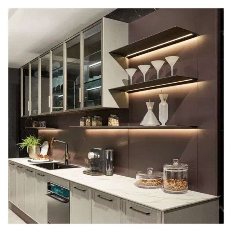 Acessórios de torneiras Painel de vidro escuro Armários de cozinha modulares de madeira maciça para apartamento