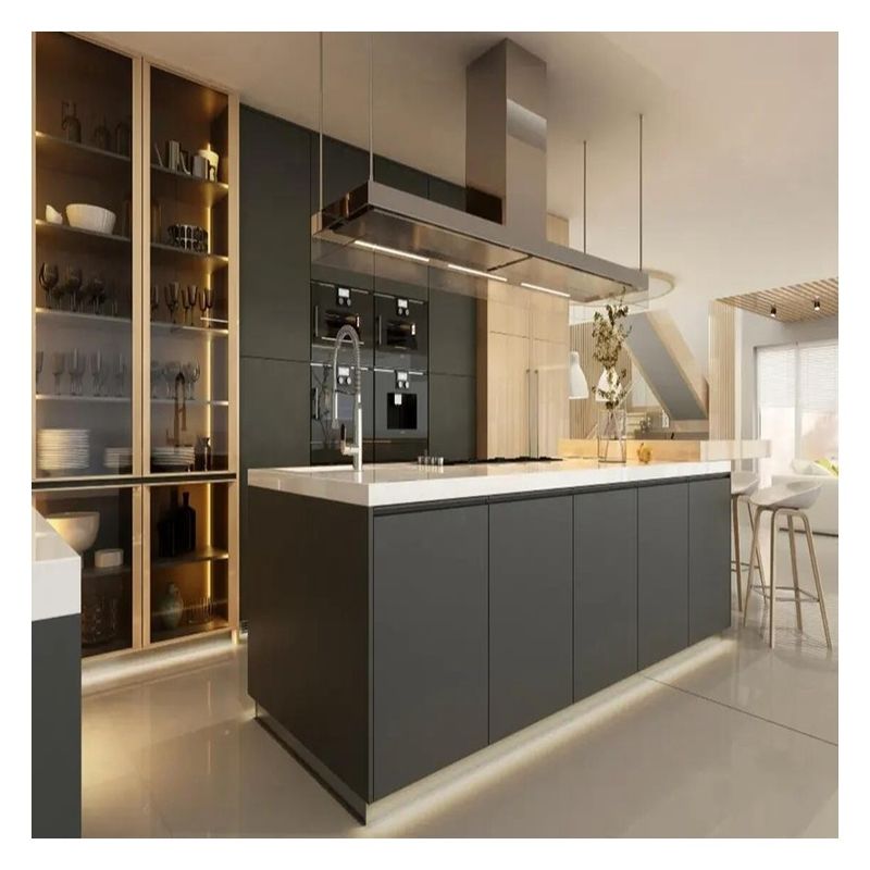 Armários de cozinha de madeira maciça de cor personalizada para fácil limpeza em design minimalista