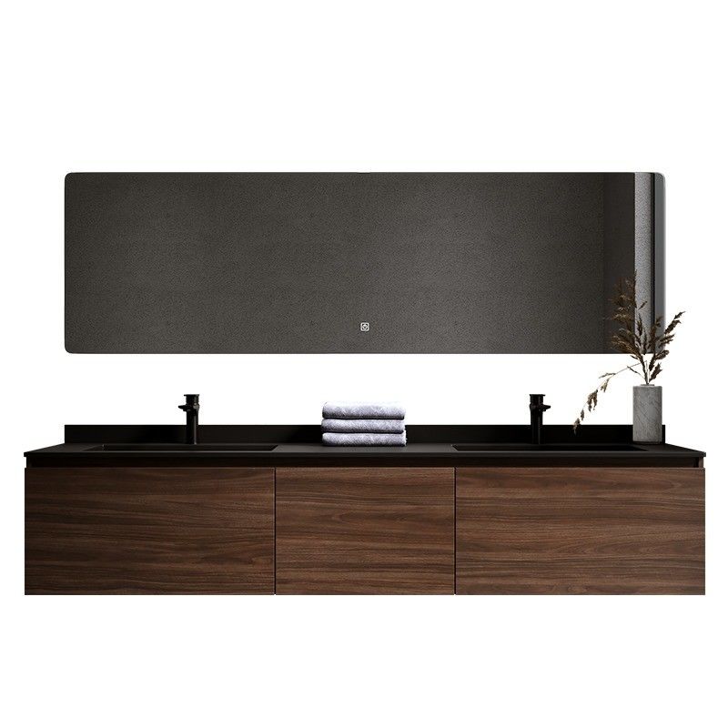 Banheiro de madeira duplo lava-louças com High End Profissional impermeável LED espelho gabinete