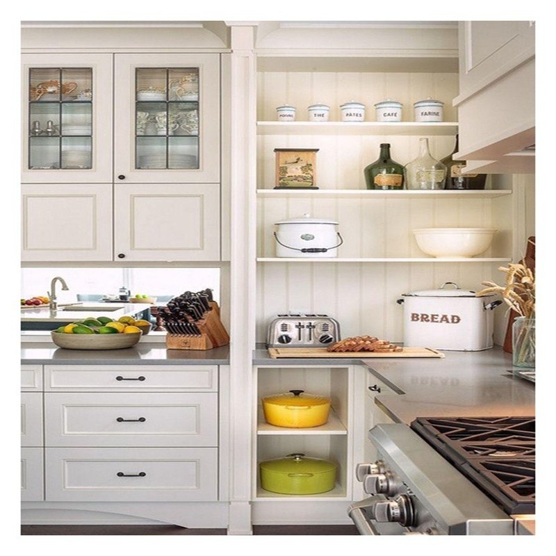 Armários modernos de vidro de madeira branca e sólida Solução para poupar espaço em pequenas cozinhas