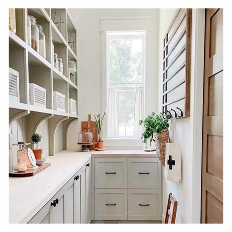 Armários modernos de vidro de madeira branca e sólida Solução para poupar espaço em pequenas cozinhas
