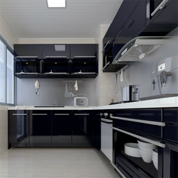 Armários de cozinha de PVC preto acabado com revestimento com design moderno e cor personalizada