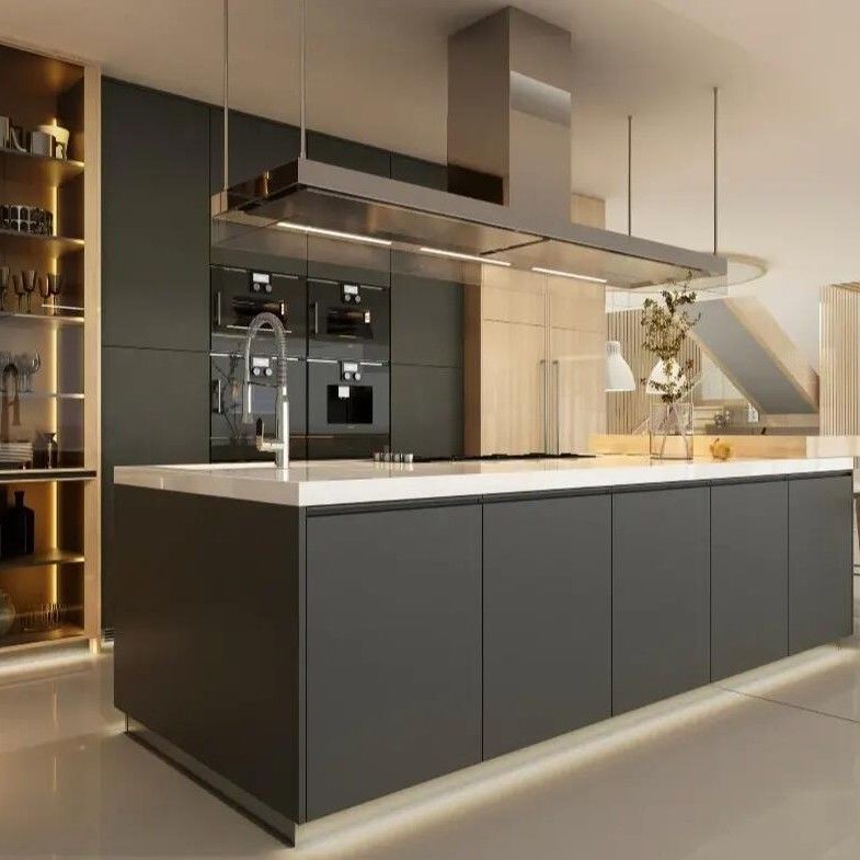 Blum Hardware Kitchen Island Armário de despensa com painel de porta de madeira maciça em design preto