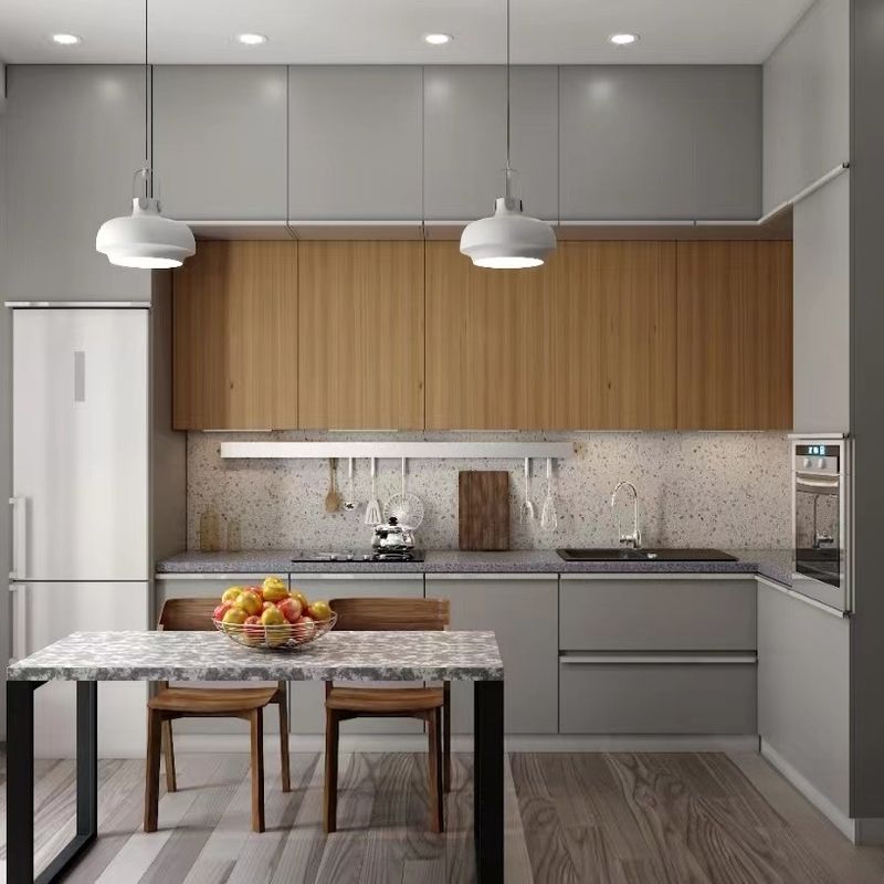 2024 Design Mobiliário de cozinha de madeira moderno em forma de L para uma cozinha de villa contemporânea