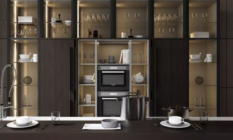 Armário de cartão de melamina Tipo de design de vidro todo Cocina Esquina Móveis Mãos de ventilação