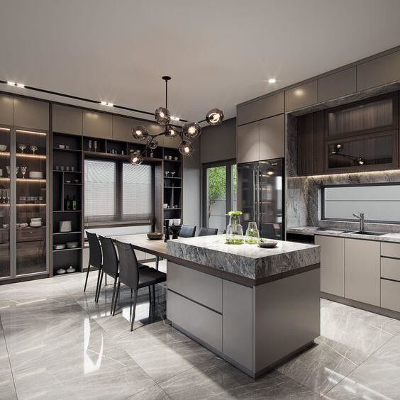 Armário de cozinha de armazém de cozinha de design moderno em cor preta com hardware de barra e Blum