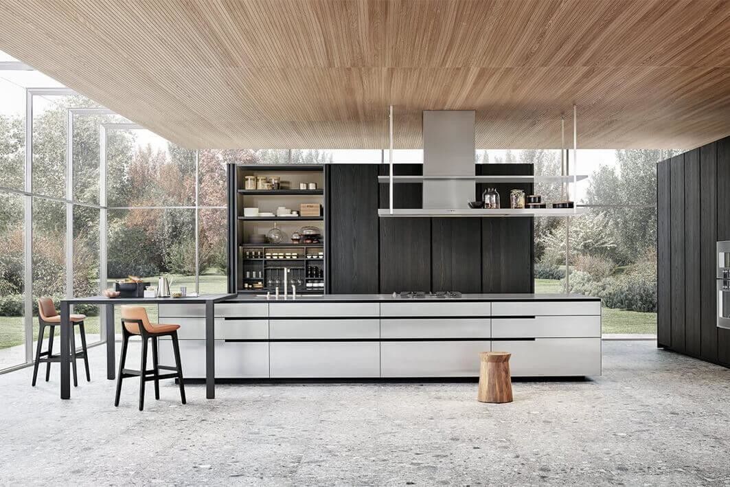 Armário de cozinha de armazém de cozinha de design moderno em cor preta com hardware de barra e Blum