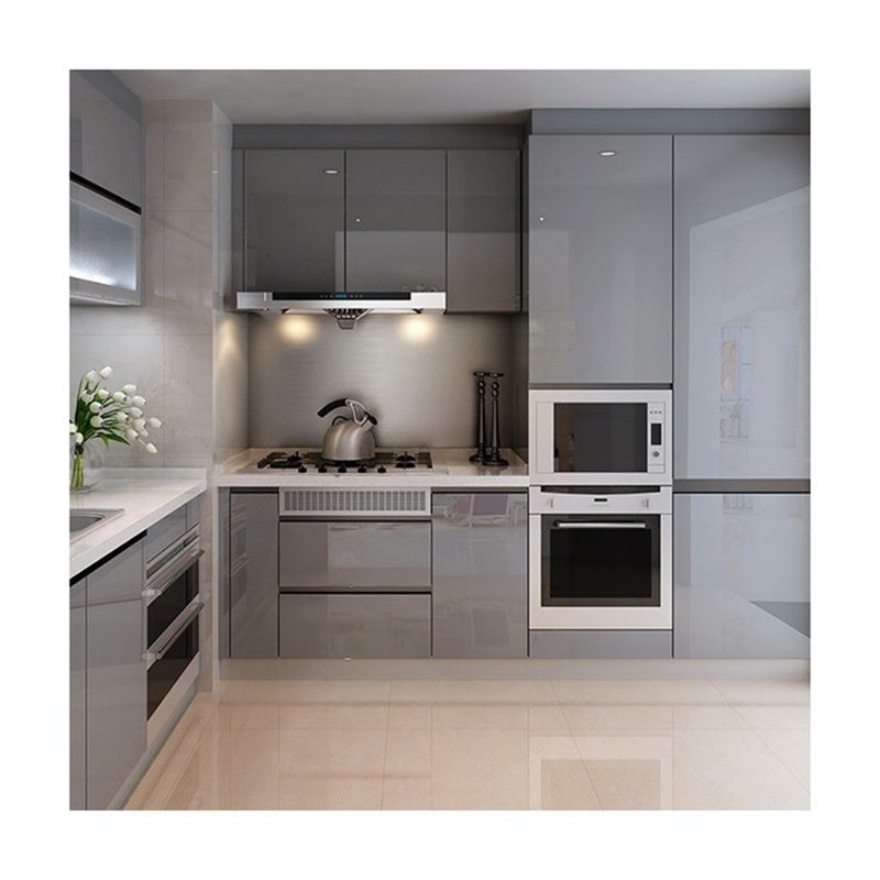 Armário de cozinha de interior moderno com forma de ilha cinzenta e portas de MDF a preços acessíveis