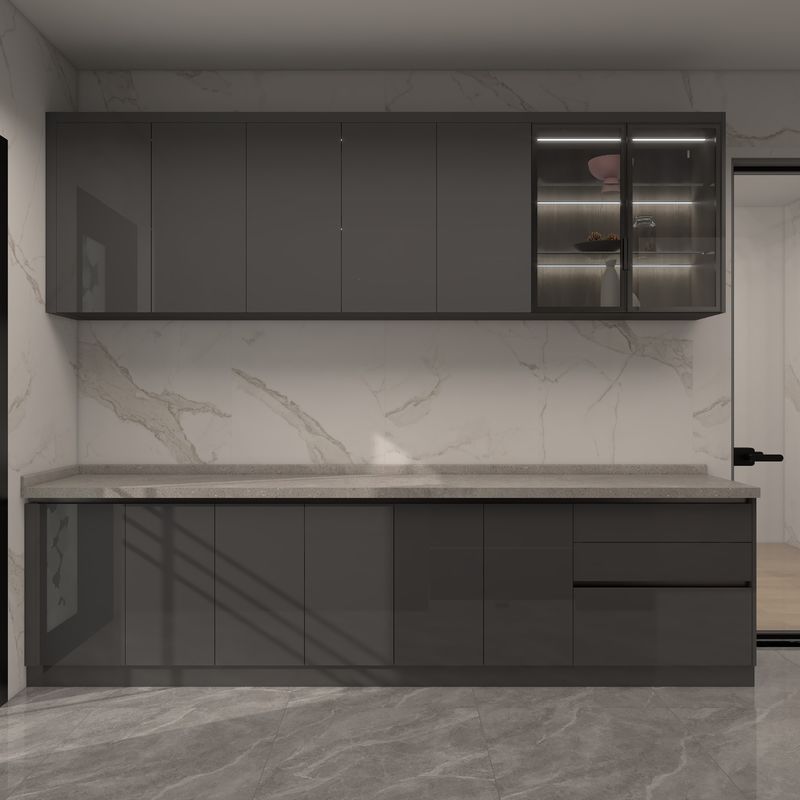 Armário de cozinha de interior moderno com forma de ilha cinzenta e portas de MDF a preços acessíveis