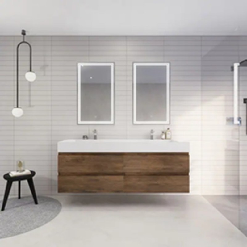 Modern Euro Style Banheiro Vanity com Vaidade Flutuante de Grão de Madeira e Espelho de Prata