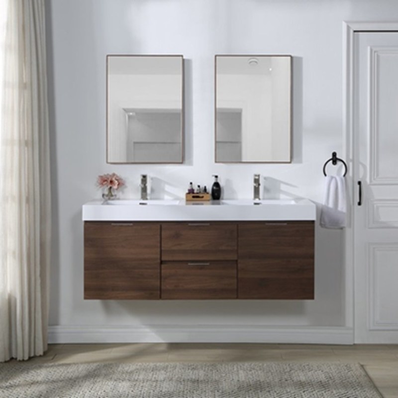 Modern Euro Style Banheiro Vanity com Vaidade Flutuante de Grão de Madeira e Espelho de Prata