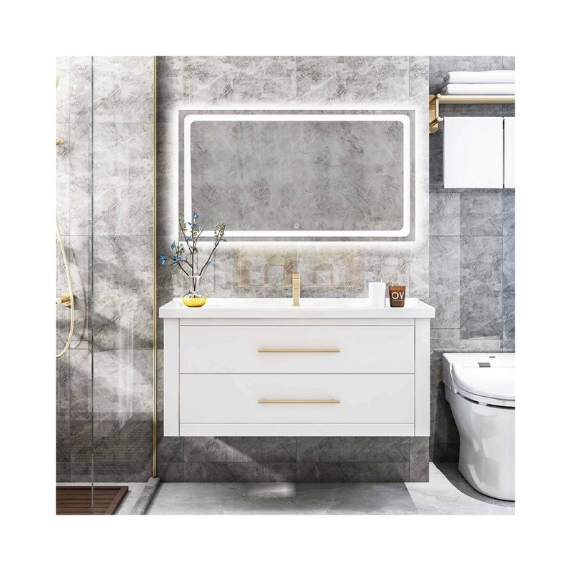 Vanidade de banheiro de madeira personalizada de lavatório duplo com espelho e acabamento de porta de PVC / laca