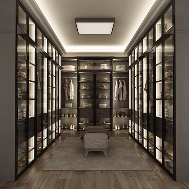 Painel de porta de vidro preto Armazém de alumínio estilo moderno luz guarda-roupa de luxo para apartamento
