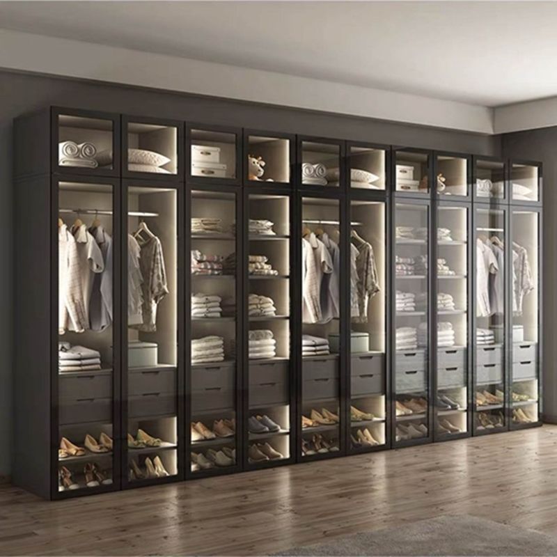 Painel de porta de vidro preto Armazém de alumínio estilo moderno luz guarda-roupa de luxo para apartamento