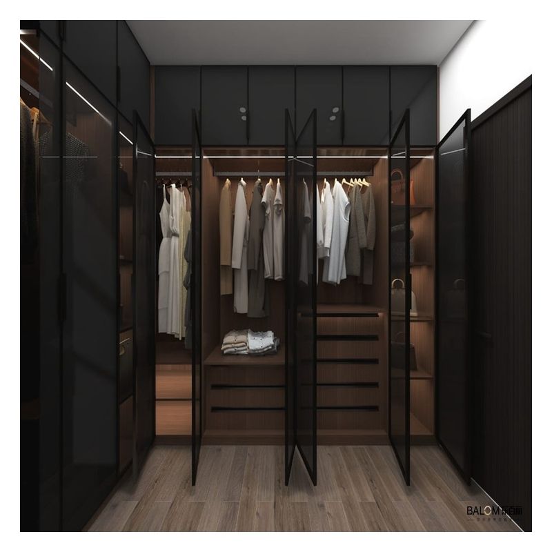 Design de iluminação de armários elegante Painel de porta de vidro preto com painéis dobráveis