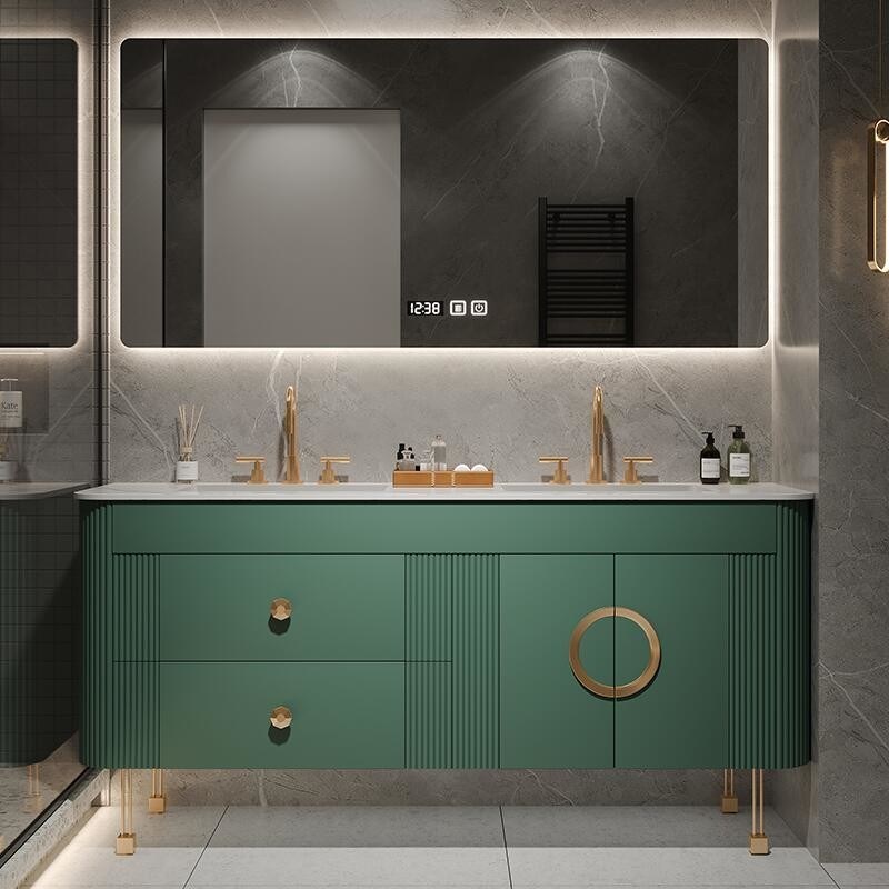 CAD / 3D estilo americano de design moderno piso PVC painel de partículas gabinete de banheiro de vaidade com lavatório