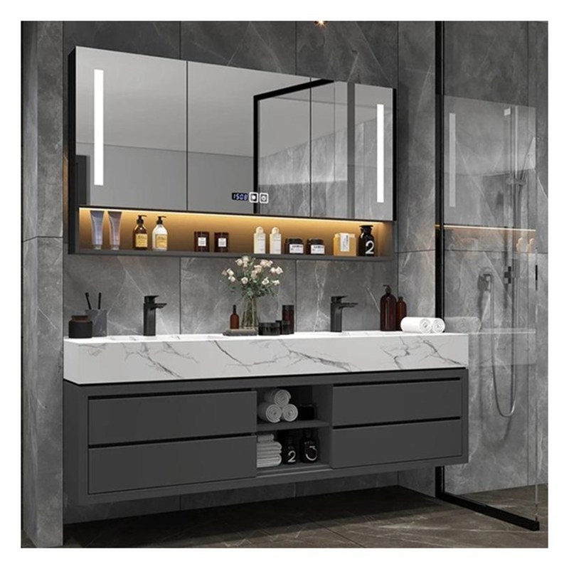 Vanidade de banheiro de madeira maciça cinza lacada com painel de porta de vidro e design de bacia integral