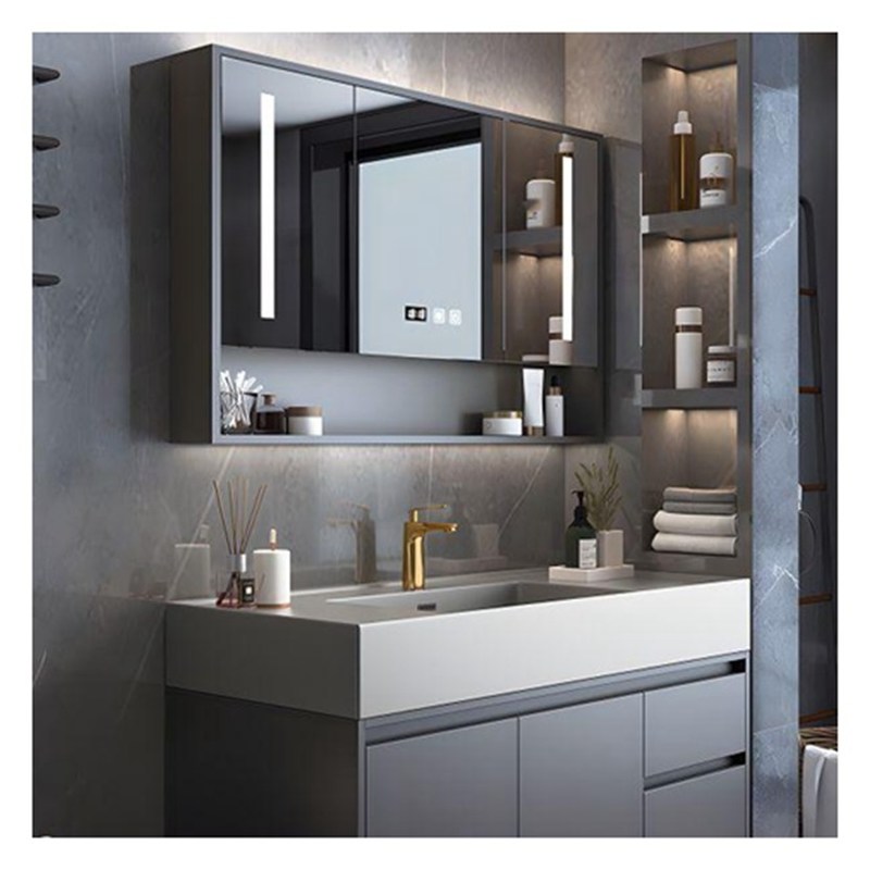 Vanidade de banheiro de madeira maciça cinza lacada com painel de porta de vidro e design de bacia integral