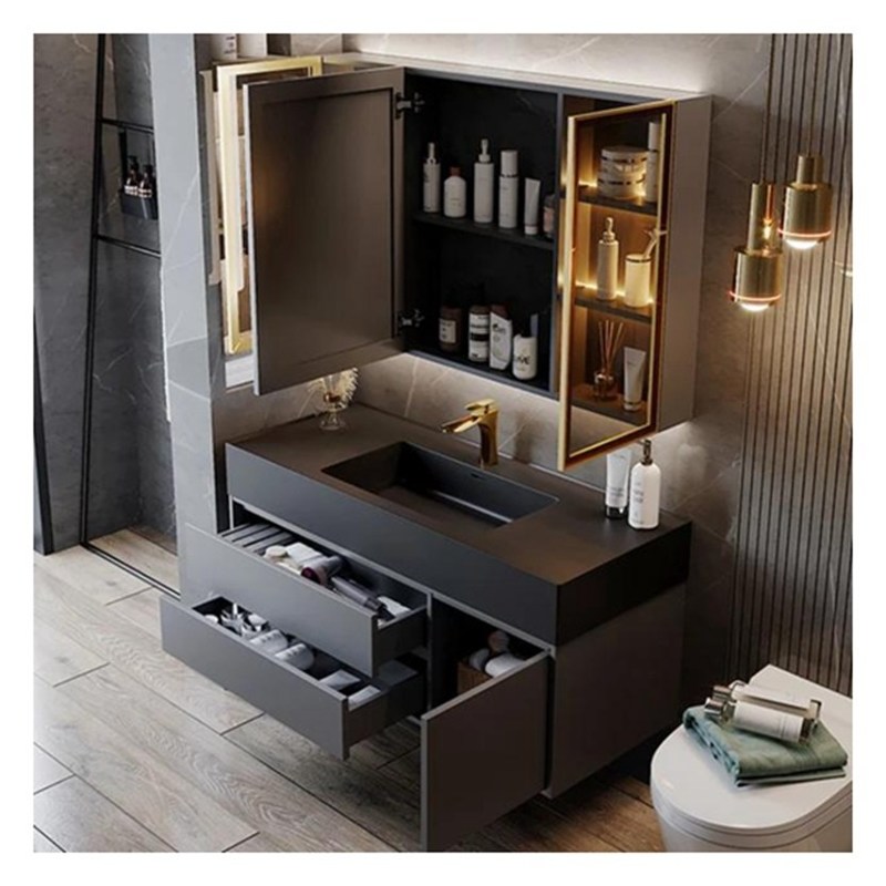 Vanidade de banheiro de madeira maciça cinza lacada com painel de porta de vidro e design de bacia integral
