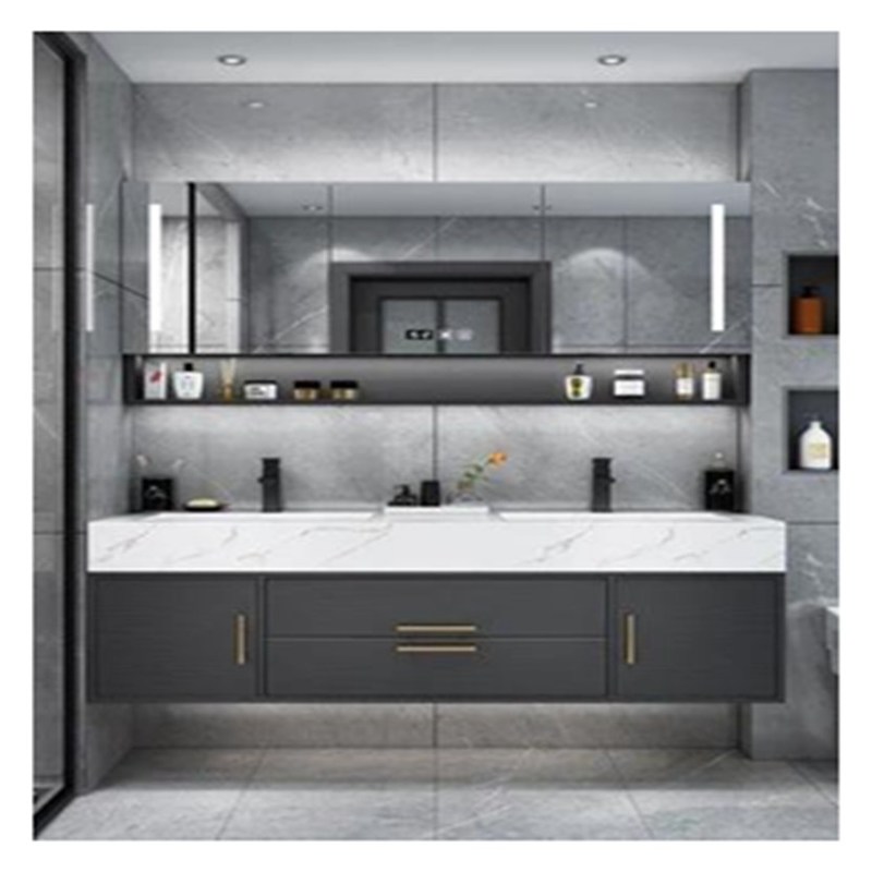 Vanidade de banheiro de madeira maciça cinza lacada com painel de porta de vidro e design de bacia integral