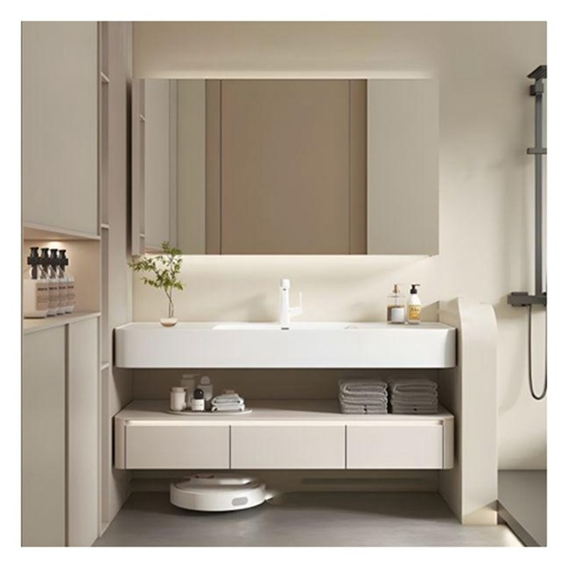 Combinação de Vanidade de Laca Branca Flutuante com Design Arredondado e Portas de Madeira Sólida