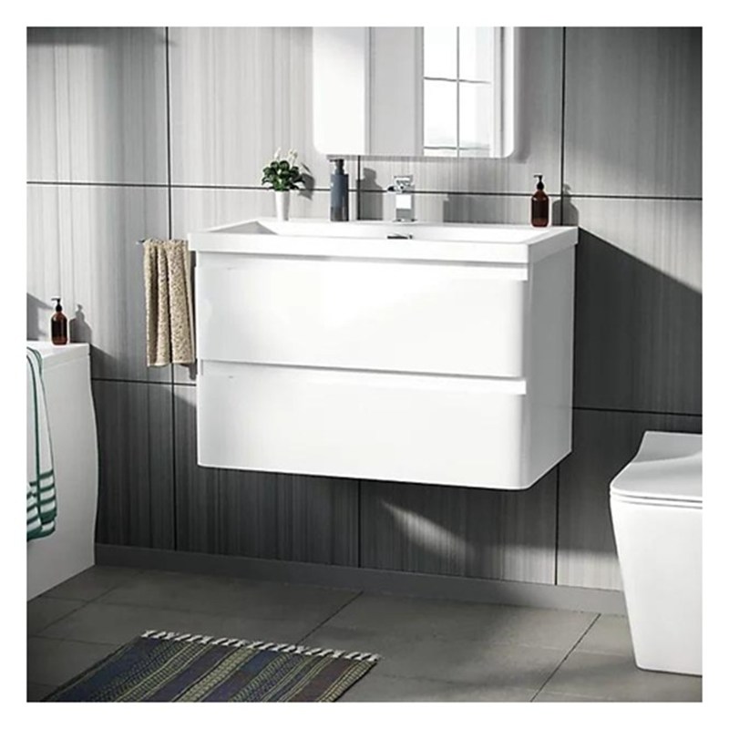 Vanidade de banheiro de madeira maciça suspensa com lavatório e acabamento brilhante de pequeno formato