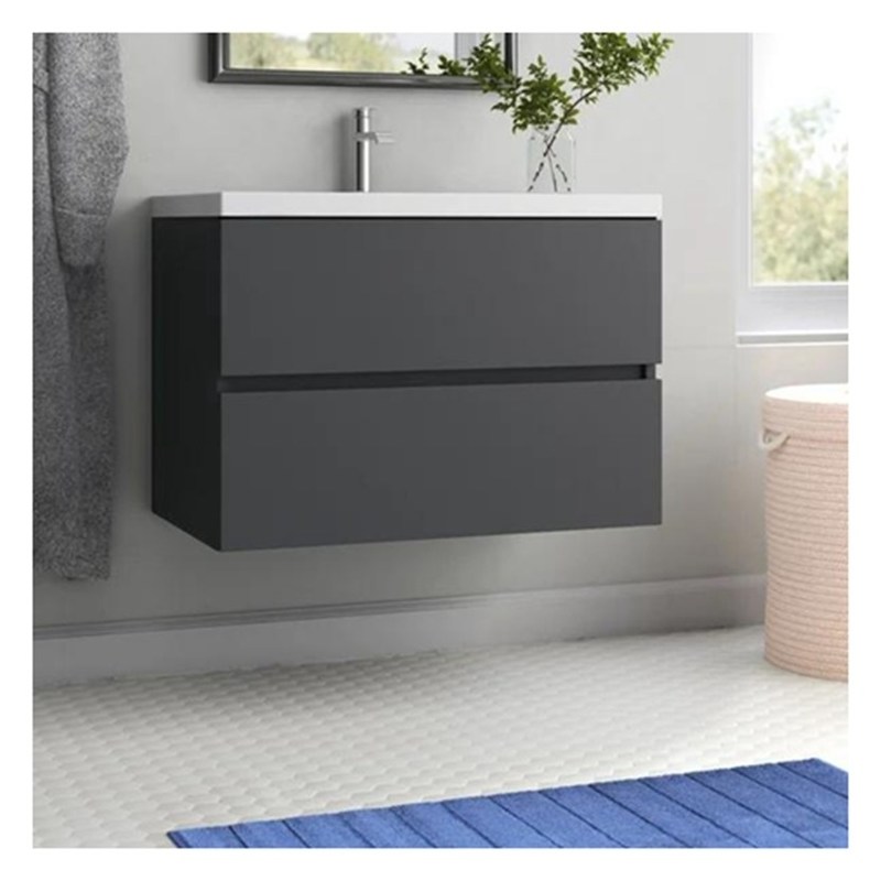 Vanidade de banheiro de madeira maciça suspensa com lavatório e acabamento brilhante de pequeno formato