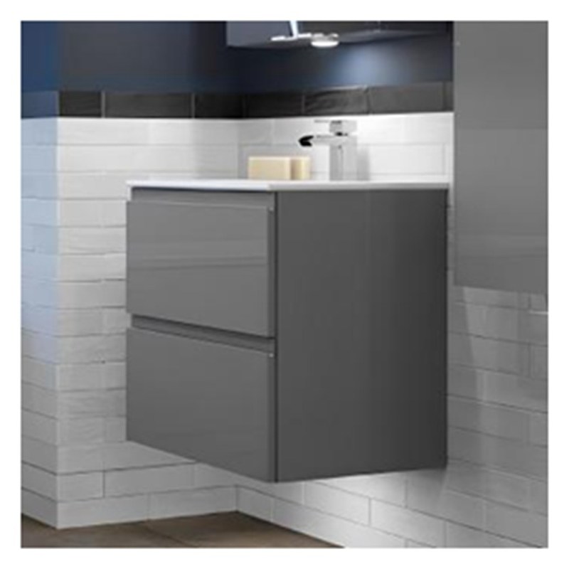 Vanidade de banheiro de madeira maciça suspensa com lavatório e acabamento brilhante de pequeno formato