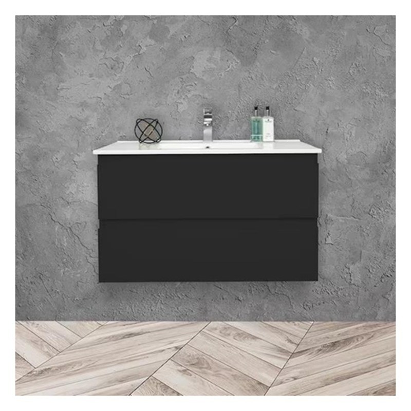 Vanidade de banheiro de madeira maciça suspensa com lavatório e acabamento brilhante de pequeno formato