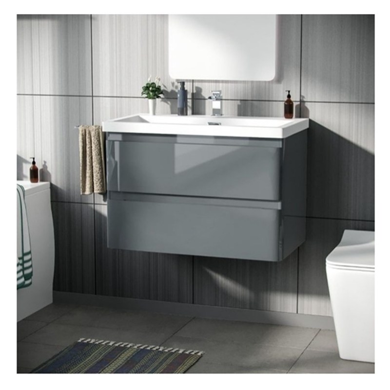 Vanidade de banheiro de madeira maciça suspensa com lavatório e acabamento brilhante de pequeno formato