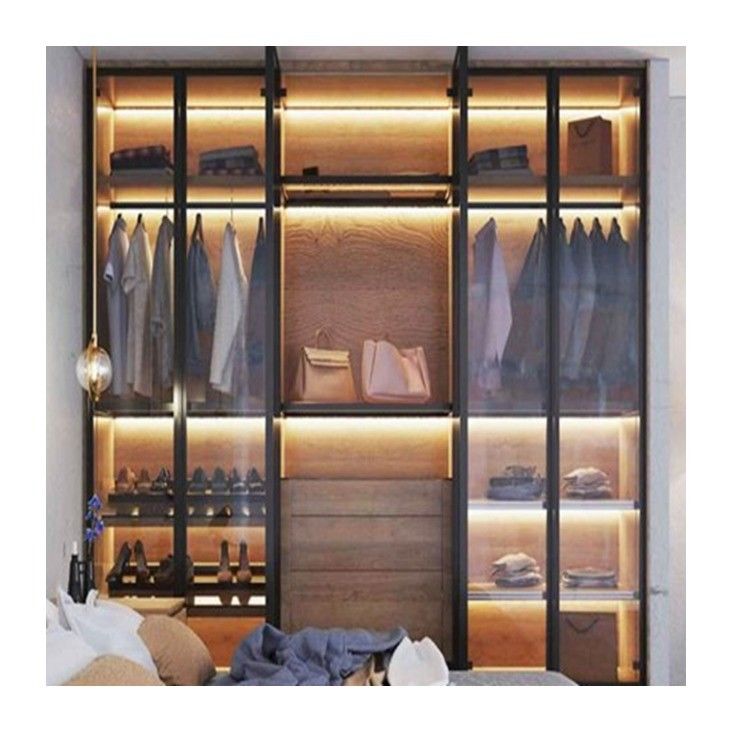 Armário de quarto de madeira maciça com painéis de porta de vidro personalizados e portas deslizantes de metal