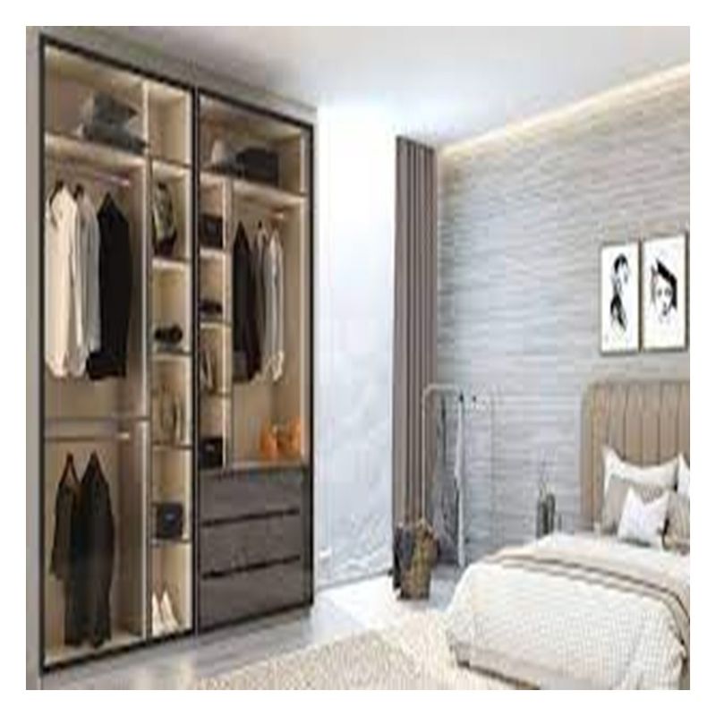 Armário de quarto de madeira maciça com painéis de porta de vidro personalizados e portas deslizantes de metal