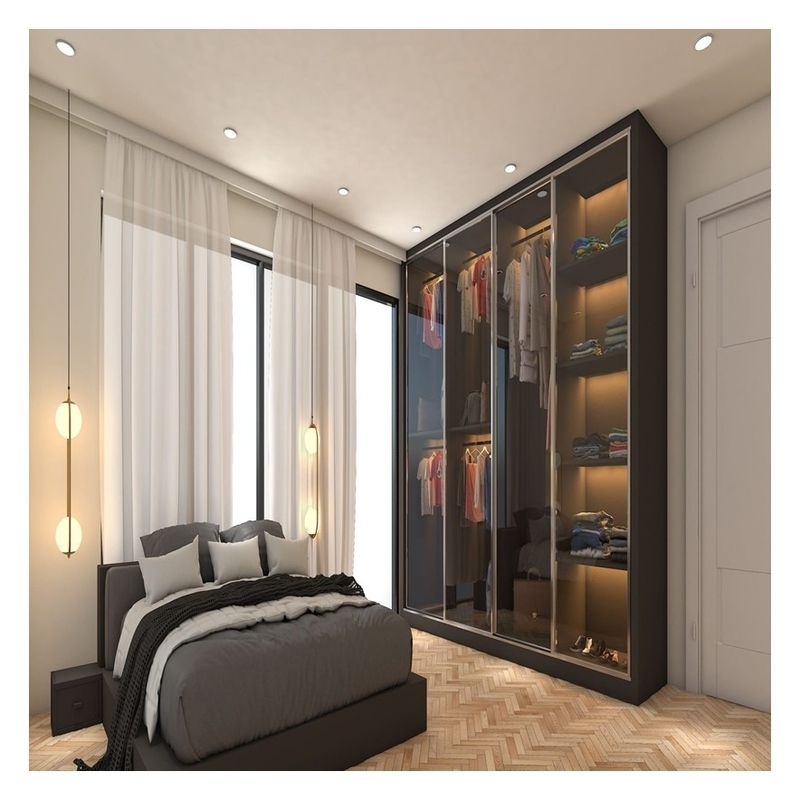 Armário de quarto de madeira maciça com painéis de porta de vidro personalizados e portas deslizantes de metal