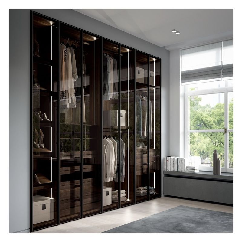 Armário de quarto de madeira maciça com painéis de porta de vidro personalizados e portas deslizantes de metal