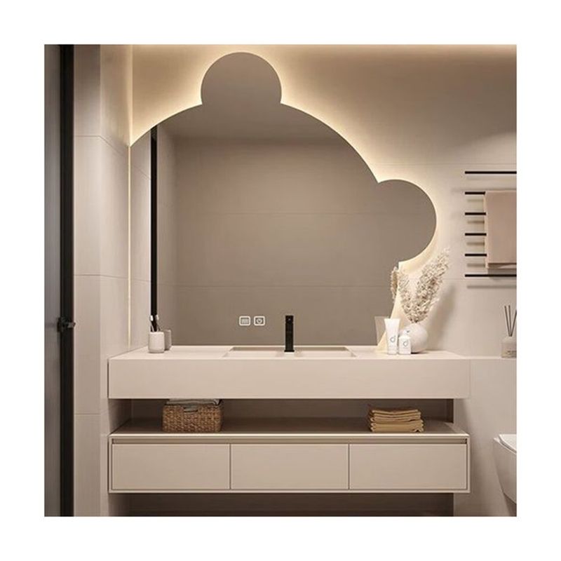 Armário de espelhos LED retangular com balcão de pedra sinterizada e espaço de armazenamento de banheiro