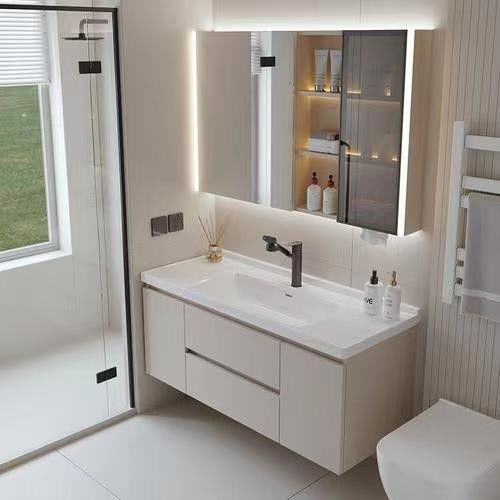 Armário de banheiro de banheira de MDF de design sem alça com gaveta e lavatório de espelhos
