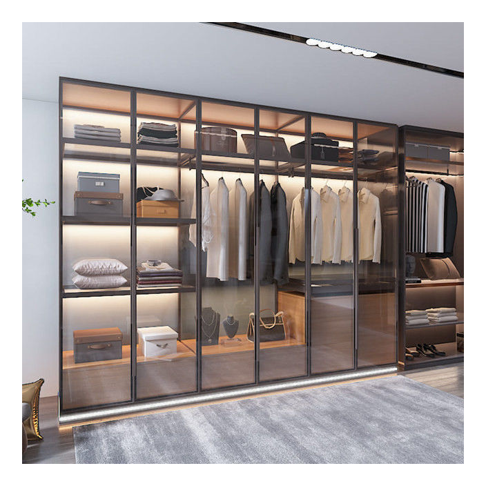 OEM ODM aceitável guarda-roupa de madeira maciça com cores metálicas portas de vidro emolduradas de alumínio