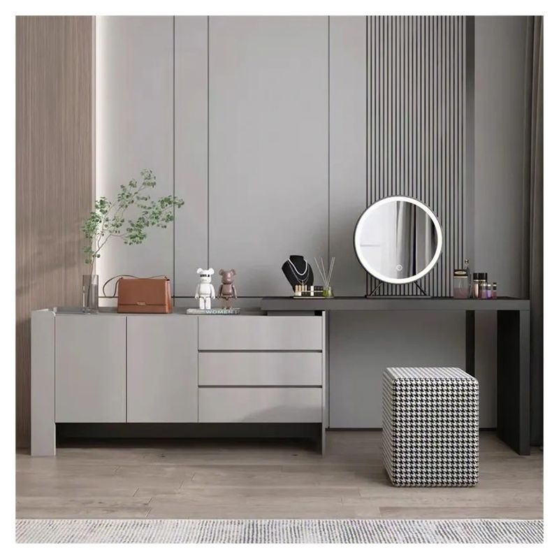 Mesa de vestiário de madeira moderna com espelho para o armário de parede do quarto e roupas guarda-roupa