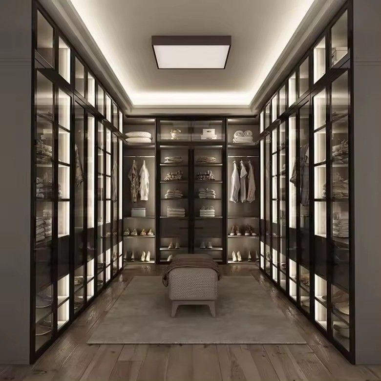 Moderno Design Custom Alumínio Quadro Porta de Vidro MDF Walk-in Closet com Centro Ilha