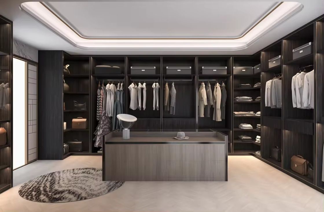 Moderno Design Custom Alumínio Quadro Porta de Vidro MDF Walk-in Closet com Centro Ilha