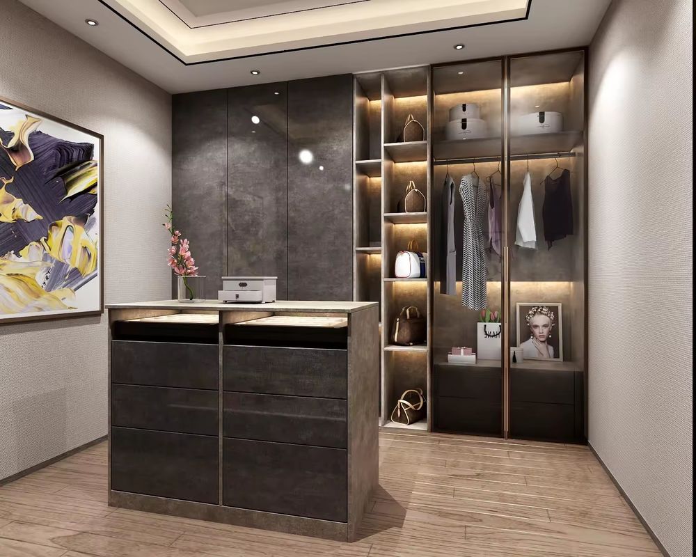 Moderno Design Custom Alumínio Quadro Porta de Vidro MDF Walk-in Closet com Centro Ilha