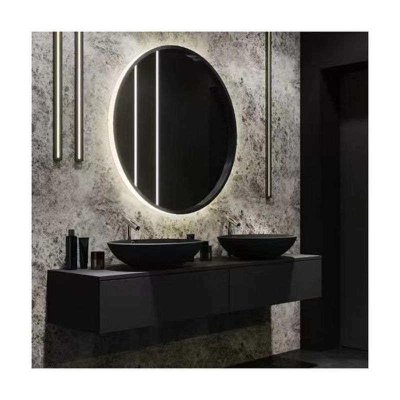 Apartamento Superfície Sólida Banheiro Preto Espelho LED Gabinete Alto CAD Design Vanity Combo