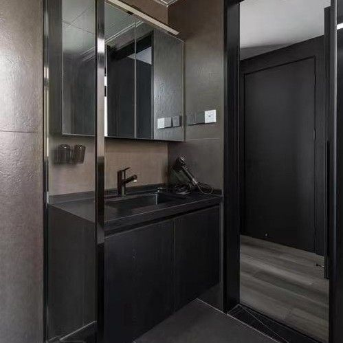 Apartamento Superfície Sólida Banheiro Preto Espelho LED Gabinete Alto CAD Design Vanity Combo